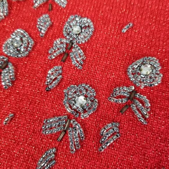 Essentials Red Sleeveless Silk Blend Embellished Rhinestones Beads Top EUC LG - Picture 5 of 9